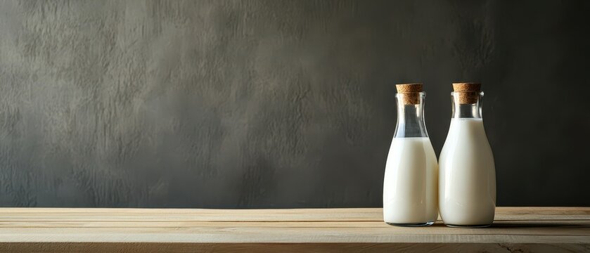 Two glass bottles of fresh milk on wooden table