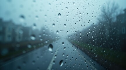 Photorealistic Macro View of Rain Droplets on Fogged Glass, Gloomy Sky