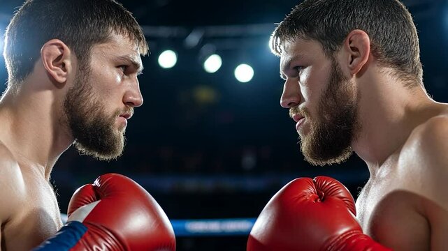 Two athletes face off in boxing ring ready to fight contest or sparring