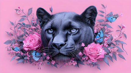 Black Panther Portrait Amidst Pink Roses and Blue Butterflies