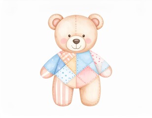 Adorable teddy bear in a blue and pink shirt, perfect gift for children