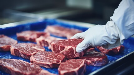 Selecting premium cuts of beef meat processing facility photography industrial environment close-up view culinary quality