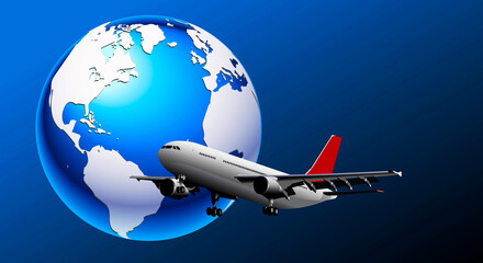 Traveling by plane around the world. Passenger plane and planet Earth on blue background. Travel poster. Copy space.