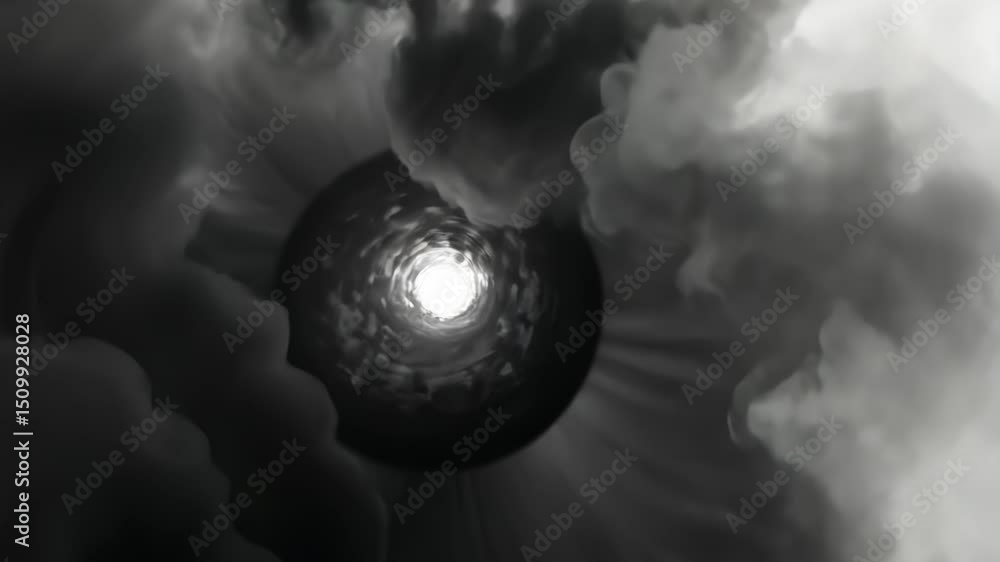 Poster dark abstract swirl with light in the center surrounded by clouds