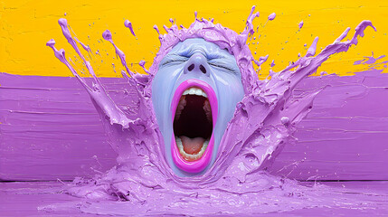 Woman Screaming in Purple Paint Splash Against Yellow Background