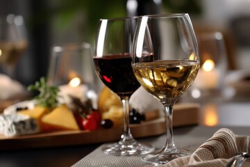 Two glasses, one with red wine and the other with white, on a table