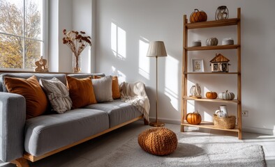 A falldecorated living room with a couch, pillows, and pumpkins