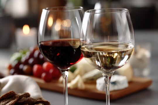 Two glasses, one with red wine and the other with white, on a table