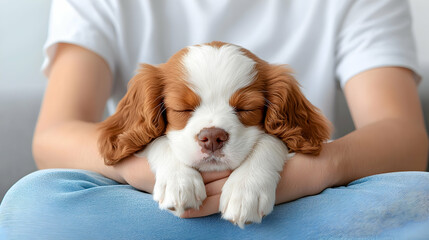 Closeup of a Sleeping Brown and White Puppy in Gentle Hands