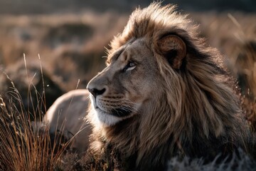 Fototapeta premium A majestic lion stands proudly in tall grass, observing its surroundings