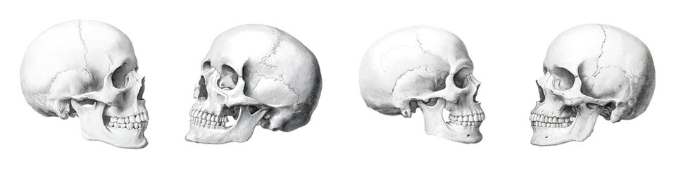 Obraz premium Skulls in various angles showcasing detailed structure, perfect for anatomical studies, educational materials, and artistic expression, emphasizing realism and scientific accuracy.