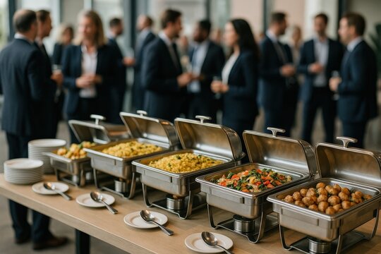 Corporate Buffet Setup With Business Professionals Networking