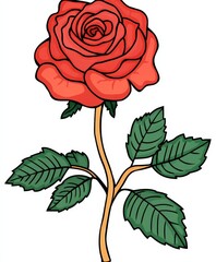 A single red rose with a long stem and leaves on a white bg