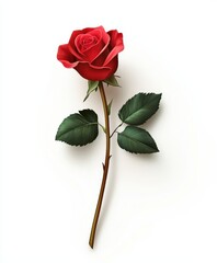 A single red rose with a long stem and leaves on a white bg