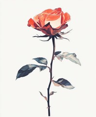 A single red rose with a long stem and leaves on a white bg