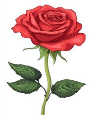A single red rose with a long stem and leaves on a white bg
