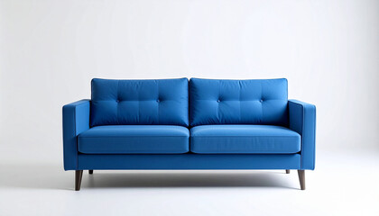 A comfortable blue two-person couch facade against a white background.