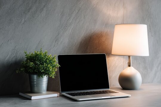 Laptop, plant, lamp, desk workspace - Powered by Adobe