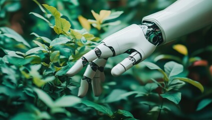 A robotic hand delicately touches a colorful flower in a garden