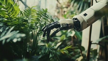 A robotic hand delicately touches a colorful flower in a garden