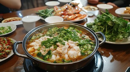 lunch with fish and green veggies at a restaurant.