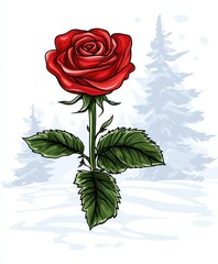A single red rose with a long stem and leaves on a white bg