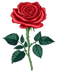 A single red rose with a long stem and leaves on a white bg
