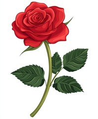 A single red rose with a long stem and leaves on a white bg