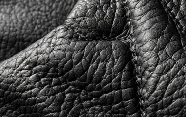 A detailed close up view showcasing a black leather texture
