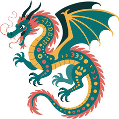 Fototapeta premium Cartoon Chinese Dragon Illustration with Teal Body, Coral Mane and Golden Details.