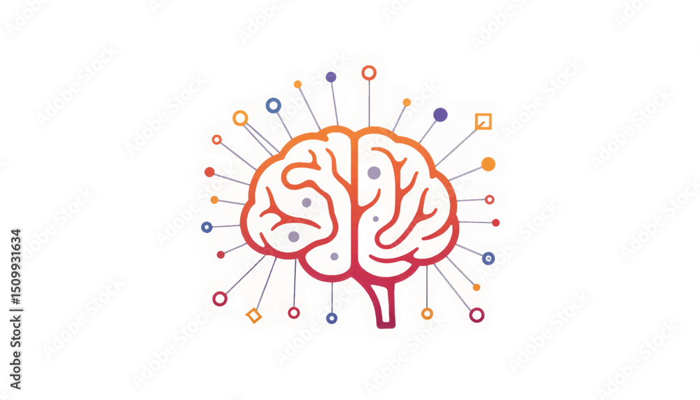 Poster geometric brain visualization connecting data nodes, neural network concept