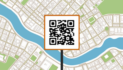 Fototapeta premium QR code on city map board in urban landscape, modern navigation concept