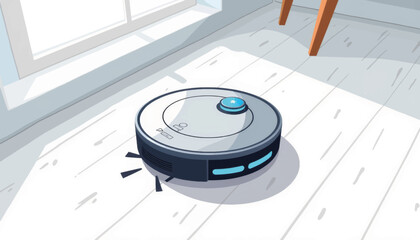 Sleek robot vacuum cleaning minimalist room, modern household convenience