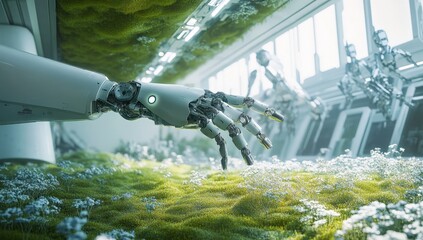 A robotic hand delicately touches a colorful flower in a garden