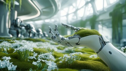 A robotic hand delicately touches a colorful flower in a garden