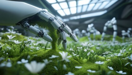 A robotic hand delicately touches a colorful flower in a garden