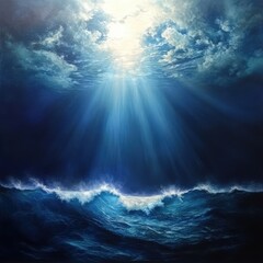 The bright sun is shining brightly through the clouds above the ocean