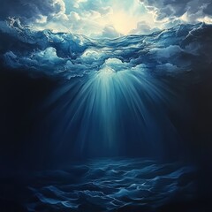 The bright sun is shining brightly through the clouds above the ocean
