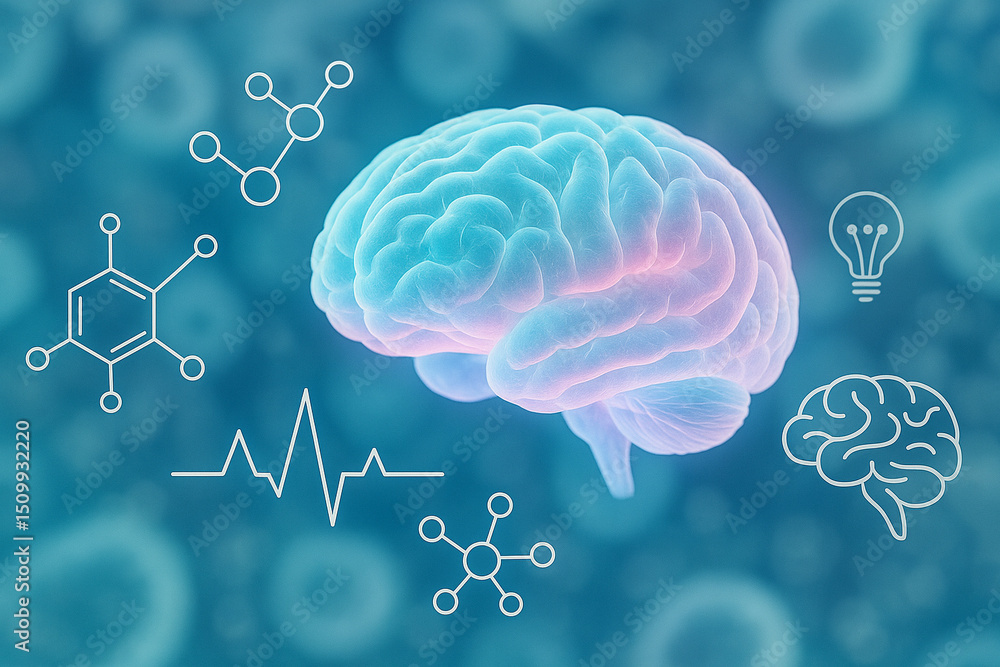 Poster ai generated image of a glowing pastel translucent brain surrounded by chemical molecule icons ecg l
