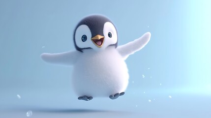 Obraz premium Happy Penguin Character Jumping on Light Blue Background