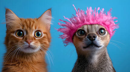 Orange Tabby Cat and Dog Wearing Pink Wig on Blue Background