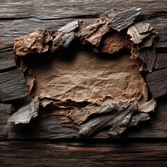 There is a hole in a piece of wood from which leaves are emerging