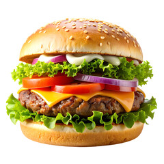Juicy cheeseburger with lettuce, tomato, onion, cheddar cheese, mayonnaise, and a sesame seed bun