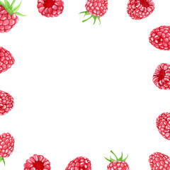 Watercolor raspberry frame with ripe, juicy berries. Hand painted summer fruit frame on white background. Botanical composition for label, logo or invitation design