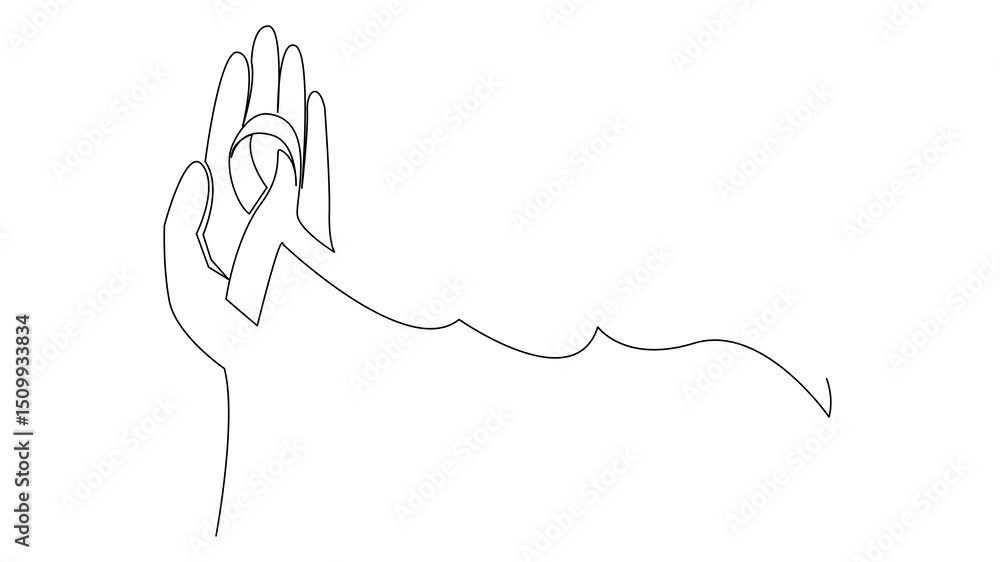 Poster animation of single continuous line drawing the palm is open and above it is a ribbon. asking for a 