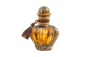 PNG Elegant vintage perfume bottle with ornate cap and tassel detailing on black background