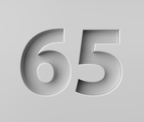 Sleek White Number 65 Sixty Five With Subtle Shadow Embossed Into Grey Background 3D Illustration
