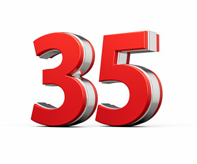 Bold Vibrant Red Number Thirty five Number 35 With Metallic On White Background 3D Illustration