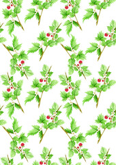 Seamless watercolor pattern with a raspberry branch with juicy berries and bright green leaves. Botanical illustration. Suitable for backgrounds, fabric, invitations and labels.