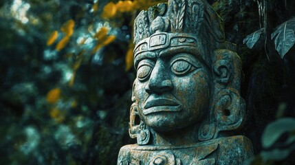 Fototapeta premium Ancient Mayan Stone Statue Surrounded by Lush Jungle Vegetation and Sunbeams